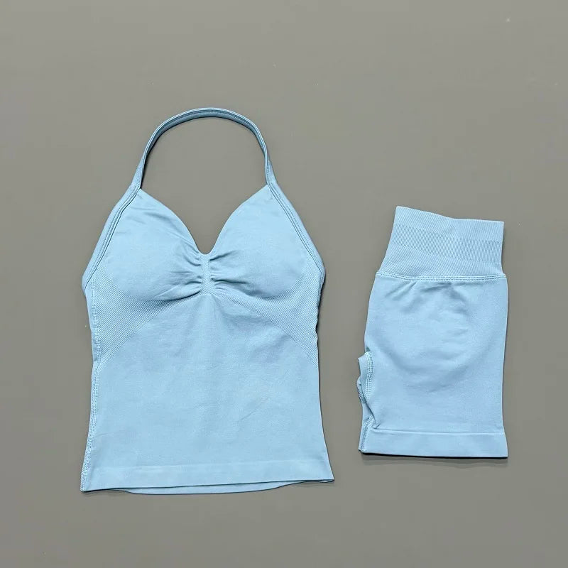 2 Pieces Sports Set Women Backless Halter Tops Fitness Tank Top High Waist Seamless High Stretch Shorts Gym Workout Sets