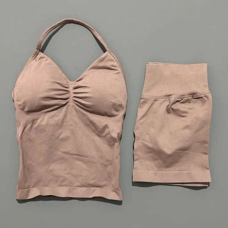 2 Pieces Sports Set Women Backless Halter Tops Fitness Tank Top High Waist Seamless High Stretch Shorts Gym Workout Sets