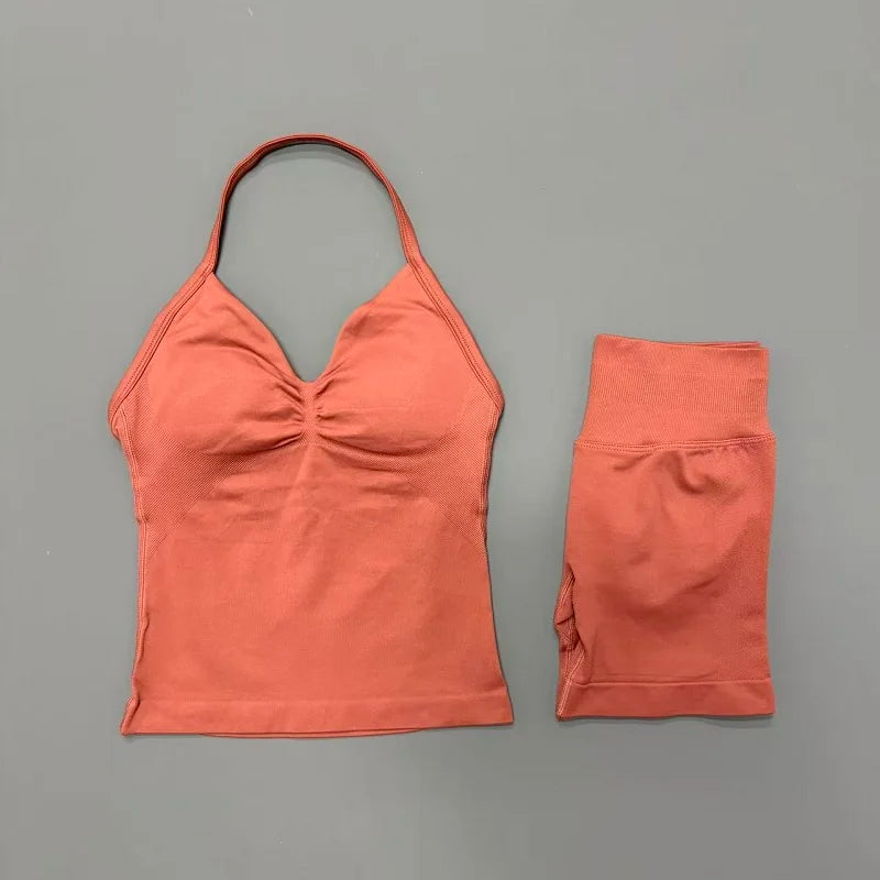 2 Pieces Sports Set Women Backless Halter Tops Fitness Tank Top High Waist Seamless High Stretch Shorts Gym Workout Sets