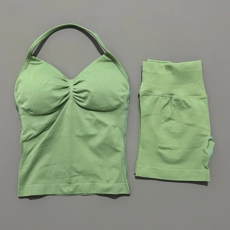 2 Pieces Sports Set Women Backless Halter Tops Fitness Tank Top High Waist Seamless High Stretch Shorts Gym Workout Sets