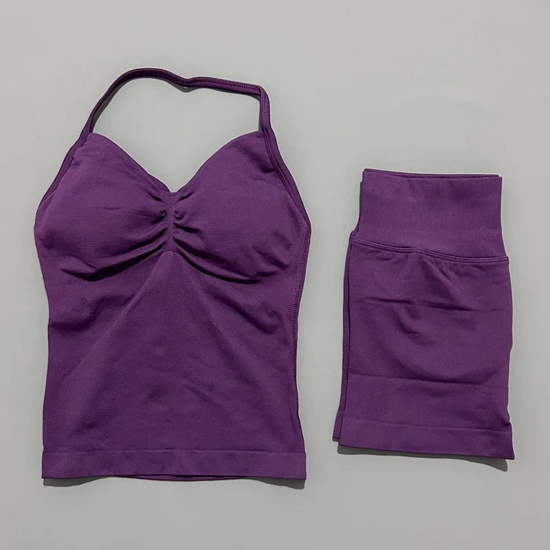 2 Pieces Sports Set Women Backless Halter Tops Fitness Tank Top High Waist Seamless High Stretch Shorts Gym Workout Sets