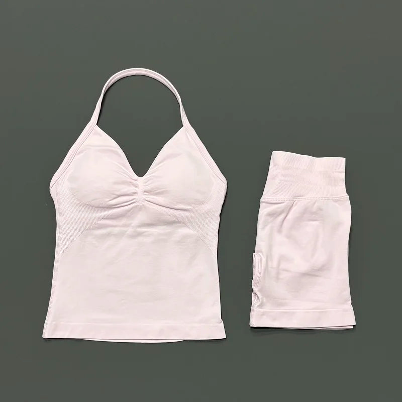 2 Pieces Sports Set Women Backless Halter Tops Fitness Tank Top High Waist Seamless High Stretch Shorts Gym Workout Sets