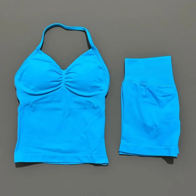 2 Pieces Sports Set Women Backless Halter Tops Fitness Tank Top High Waist Seamless High Stretch Shorts Gym Workout Sets