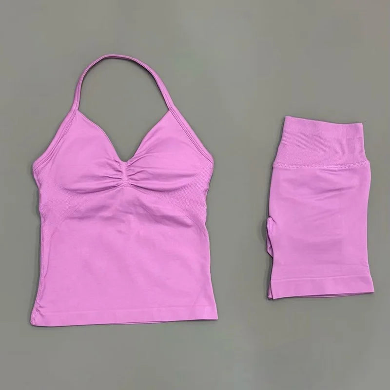 2 Pieces Sports Set Women Backless Halter Tops Fitness Tank Top High Waist Seamless High Stretch Shorts Gym Workout Sets