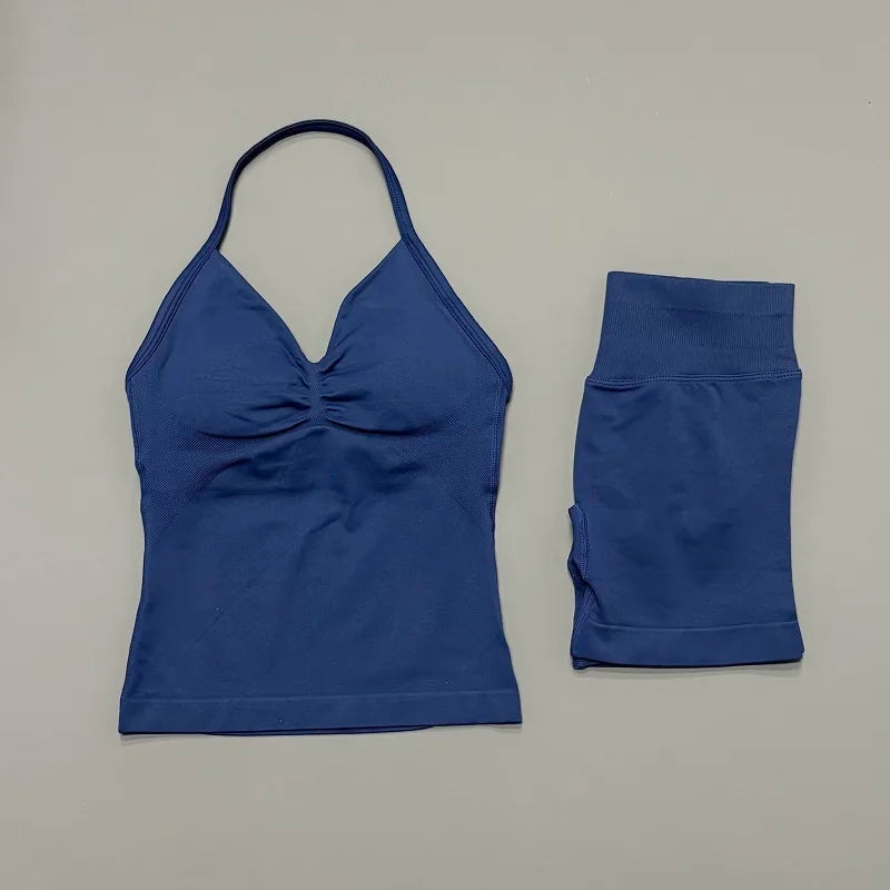 2 Pieces Sports Set Women Backless Halter Tops Fitness Tank Top High Waist Seamless High Stretch Shorts Gym Workout Sets