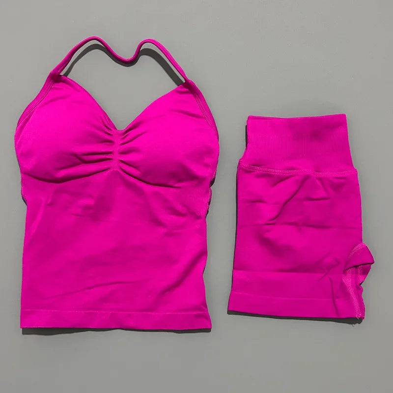 2 Pieces Sports Set Women Backless Halter Tops Fitness Tank Top High Waist Seamless High Stretch Shorts Gym Workout Sets