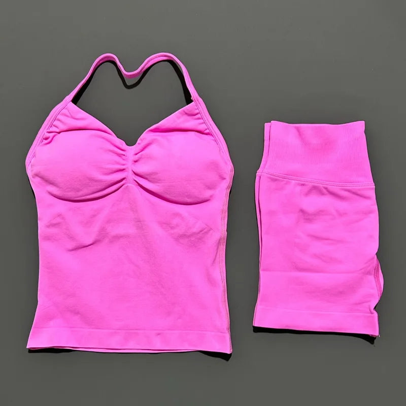 2 Pieces Sports Set Women Backless Halter Tops Fitness Tank Top High Waist Seamless High Stretch Shorts Gym Workout Sets