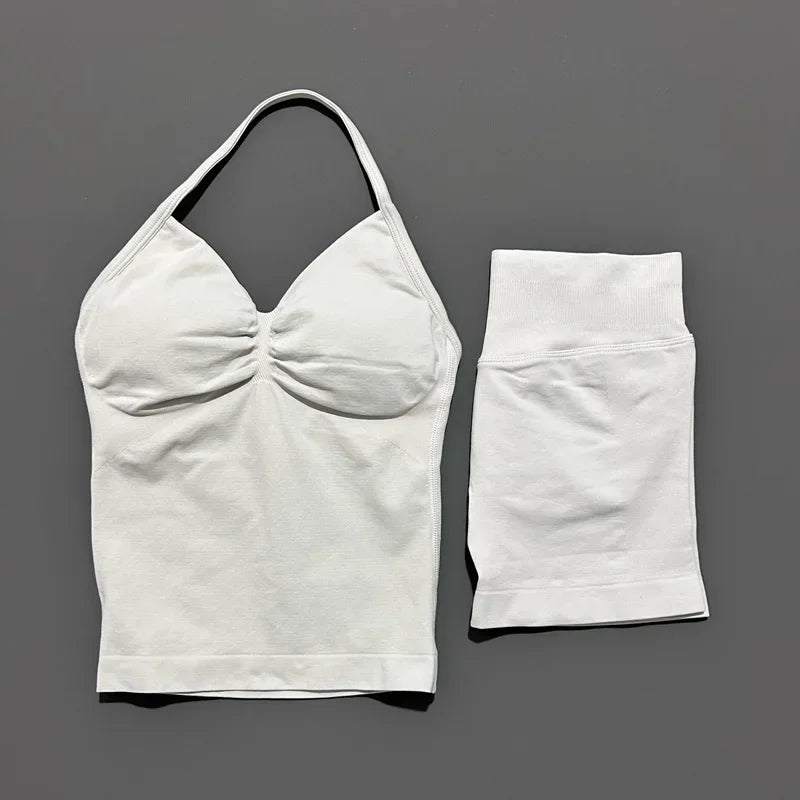 2 Pieces Sports Set Women Backless Halter Tops Fitness Tank Top High Waist Seamless High Stretch Shorts Gym Workout Sets