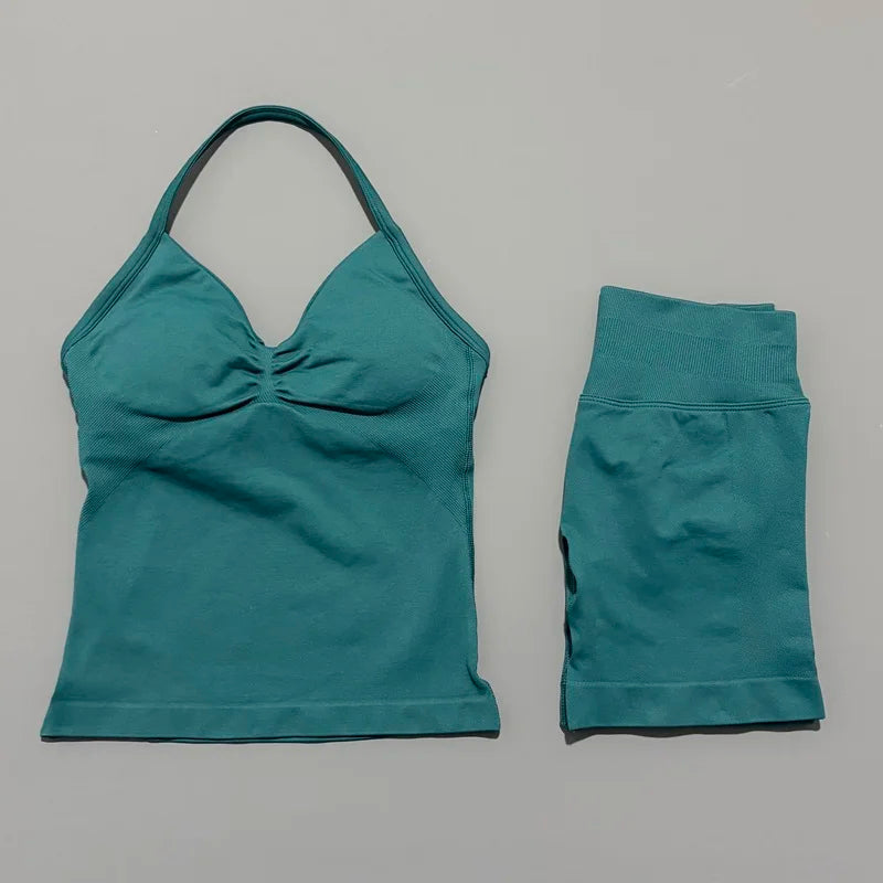 2 Pieces Sports Set Women Backless Halter Tops Fitness Tank Top High Waist Seamless High Stretch Shorts Gym Workout Sets