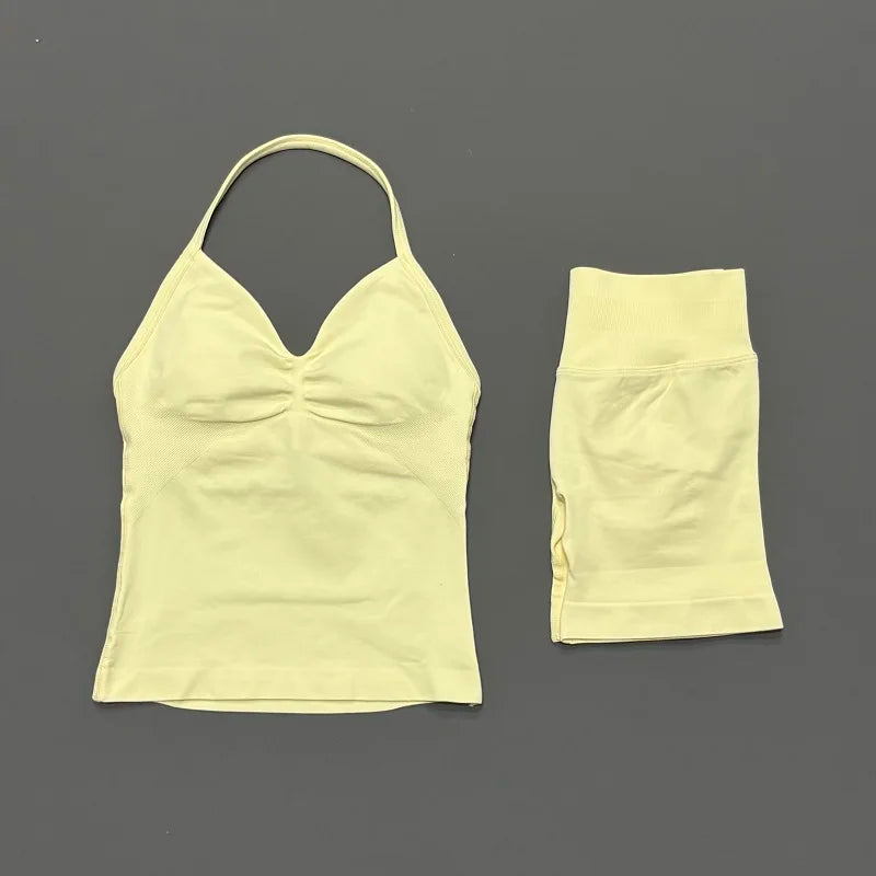 2 Pieces Sports Set Women Backless Halter Tops Fitness Tank Top High Waist Seamless High Stretch Shorts Gym Workout Sets