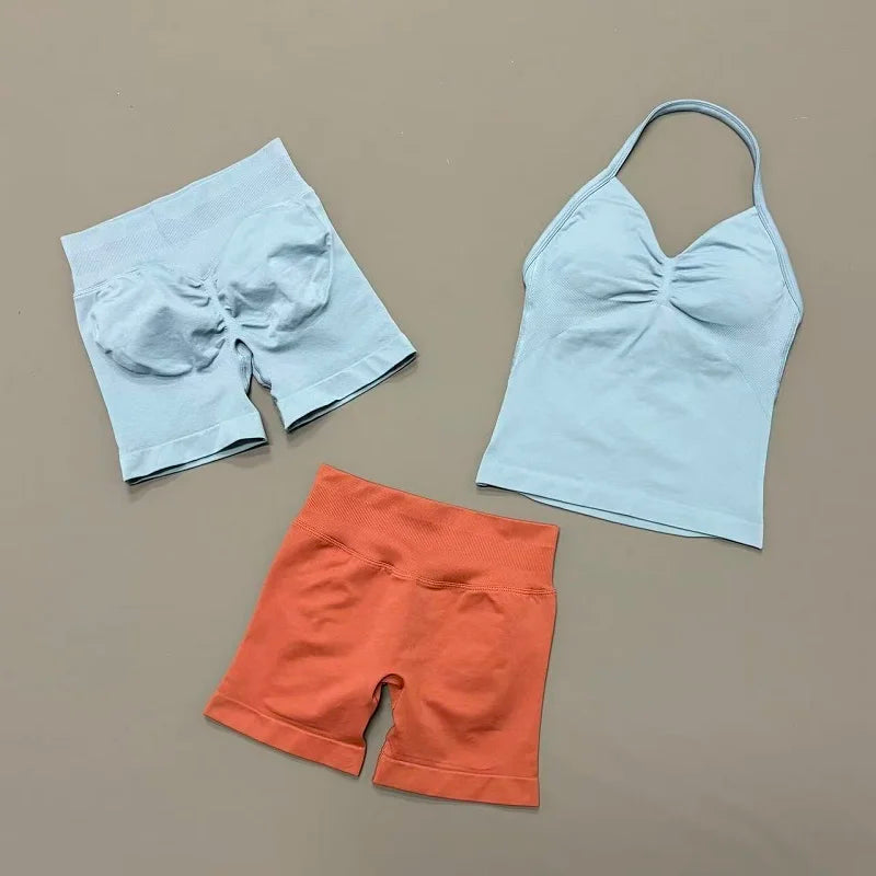 2 Pieces Sports Set Women Backless Halter Tops Fitness Tank Top High Waist Seamless High Stretch Shorts Gym Workout Sets