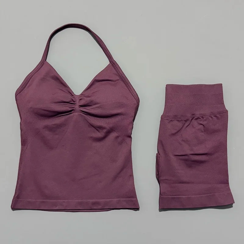 2 Pieces Sports Set Women Backless Halter Tops Fitness Tank Top High Waist Seamless High Stretch Shorts Gym Workout Sets