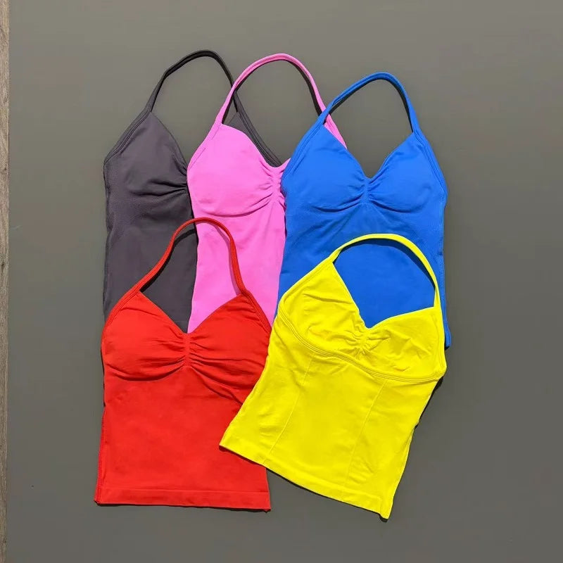 Gym Sports Tops Women Seamless Yoga Tank With Removable Pads V Neck Sports Sleeveless Top Sports Running Fitness Vest