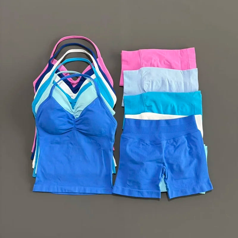 2 Pieces Sports Set Women Backless Halter Tops Fitness Tank Top High Waist Seamless High Stretch Shorts Gym Workout Sets