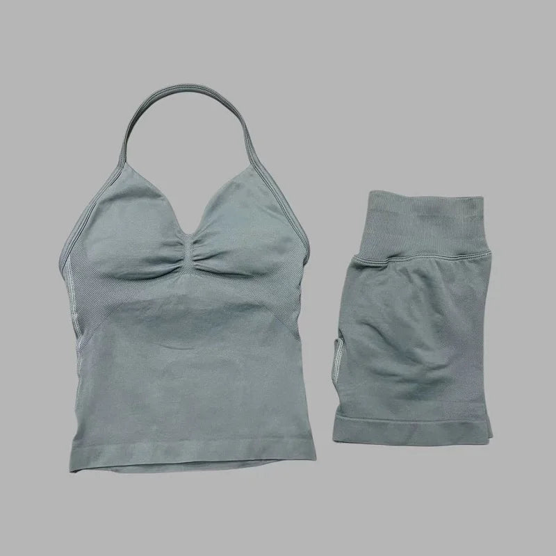 2 Pieces Sports Set Women Backless Halter Tops Fitness Tank Top High Waist Seamless High Stretch Shorts Gym Workout Sets