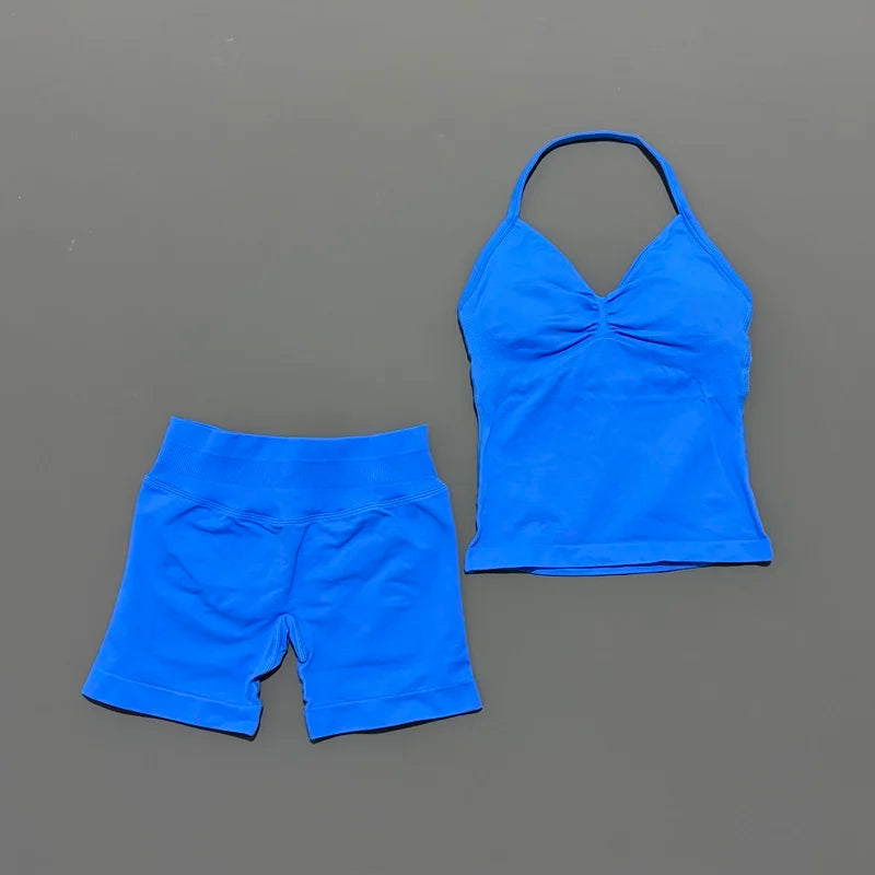 2 Pieces Sports Set Women Backless Halter Tops Fitness Tank Top High Waist Seamless High Stretch Shorts Gym Workout Sets