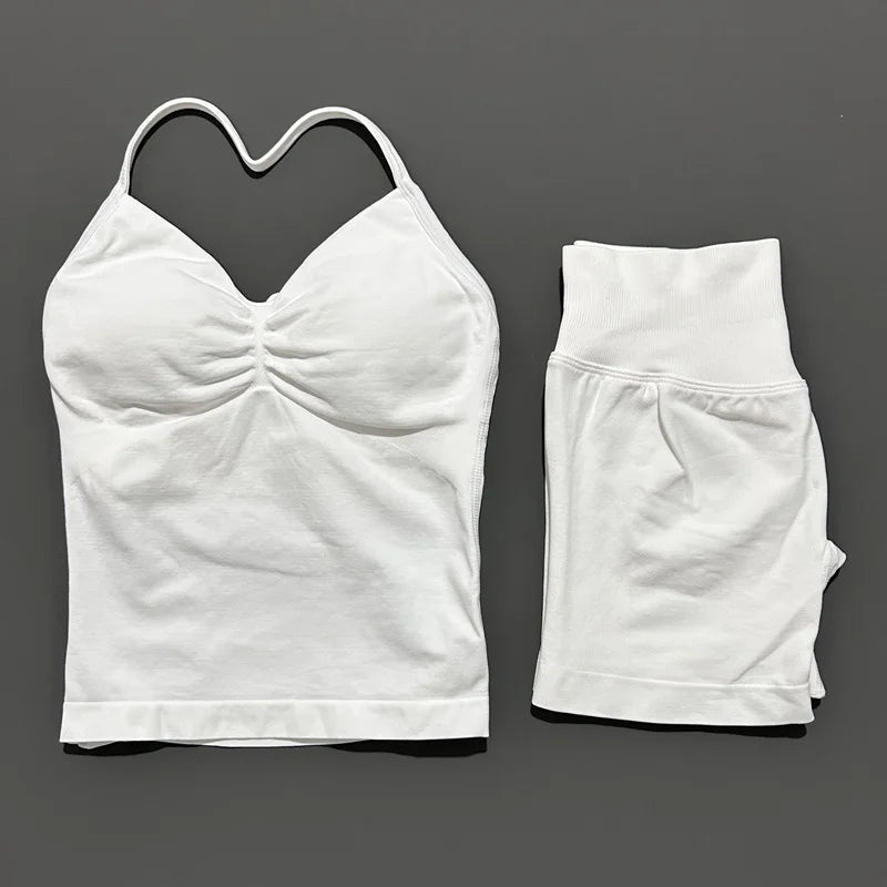 2 Pieces Sports Set Women Backless Halter Tops Fitness Tank Top High Waist Seamless High Stretch Shorts Gym Workout Sets
