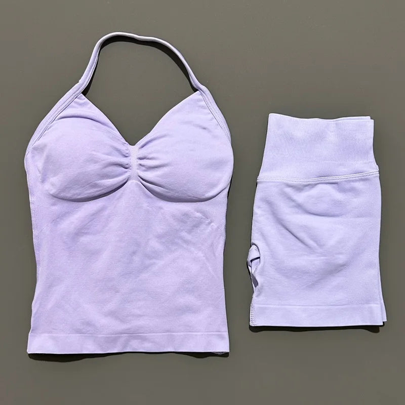 2 Pieces Sports Set Women Backless Halter Tops Fitness Tank Top High Waist Seamless High Stretch Shorts Gym Workout Sets
