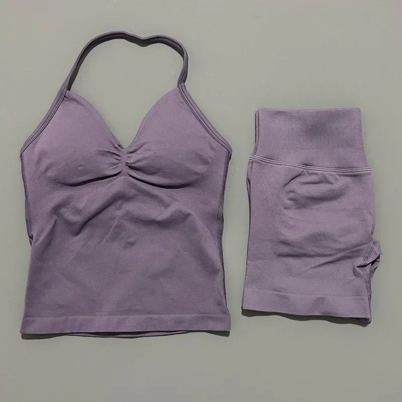 2 Pieces Sports Set Women Backless Halter Tops Fitness Tank Top High Waist Seamless High Stretch Shorts Gym Workout Sets
