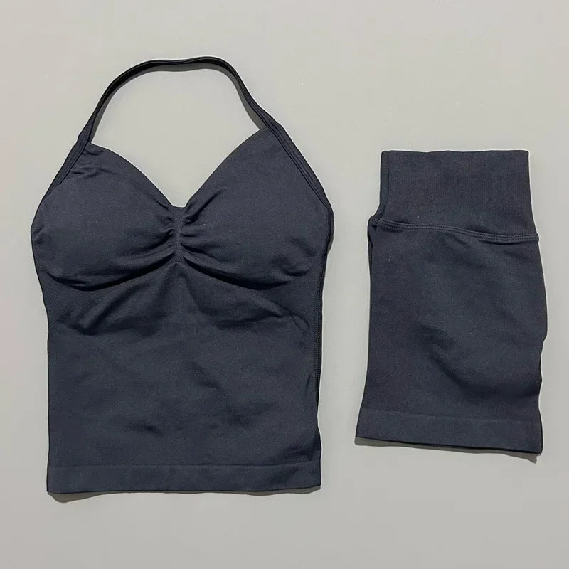 2 Pieces Sports Set Women Backless Halter Tops Fitness Tank Top High Waist Seamless High Stretch Shorts Gym Workout Sets