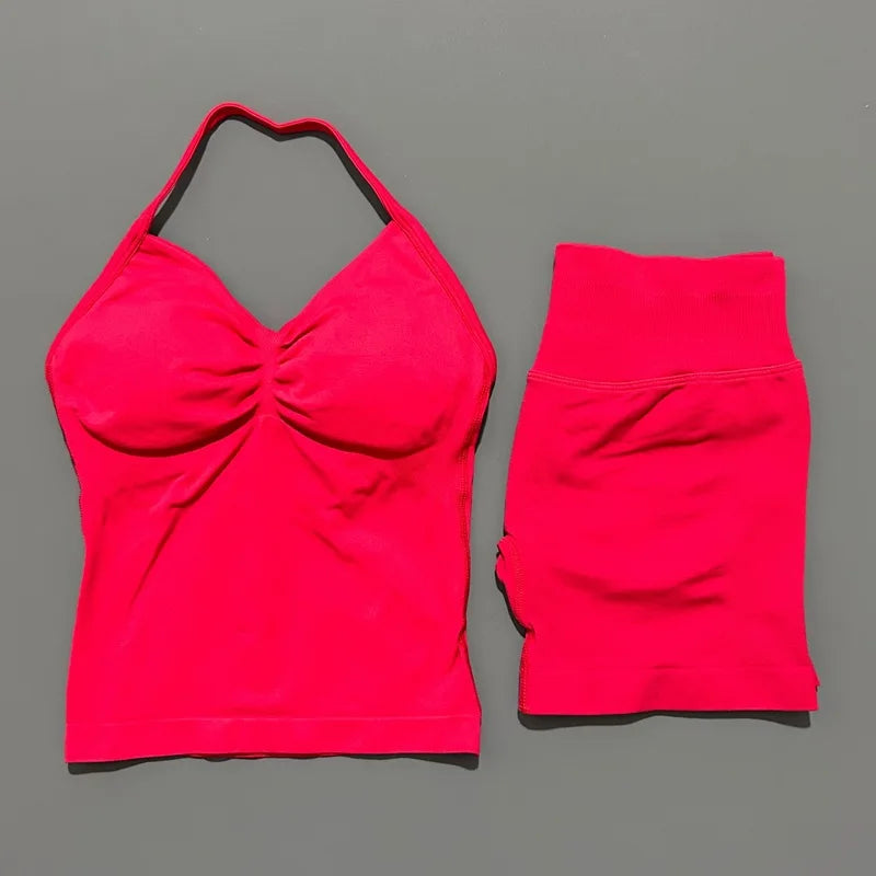 2 Pieces Sports Set Women Backless Halter Tops Fitness Tank Top High Waist Seamless High Stretch Shorts Gym Workout Sets