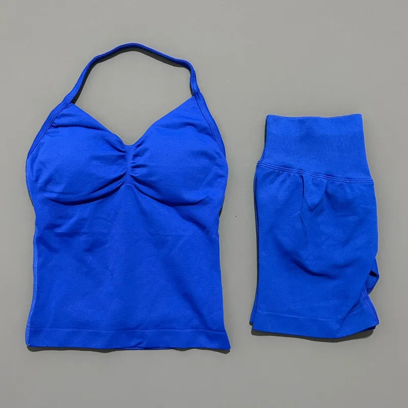 2 Pieces Sports Set Women Backless Halter Tops Fitness Tank Top High Waist Seamless High Stretch Shorts Gym Workout Sets