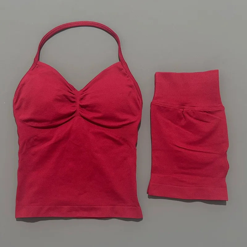2 Pieces Sports Set Women Backless Halter Tops Fitness Tank Top High Waist Seamless High Stretch Shorts Gym Workout Sets