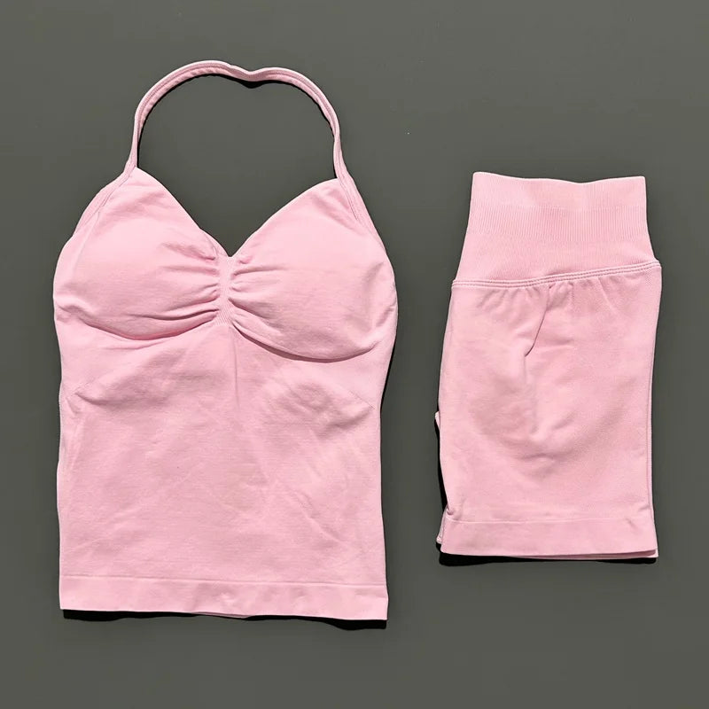 2 Pieces Sports Set Women Backless Halter Tops Fitness Tank Top High Waist Seamless High Stretch Shorts Gym Workout Sets