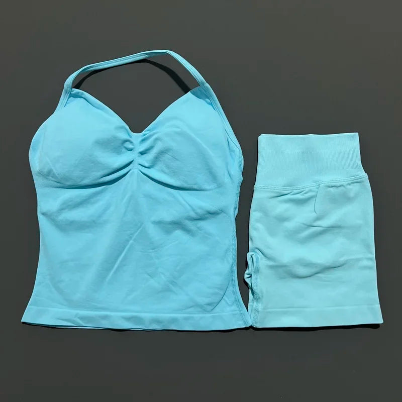 2 Pieces Sports Set Women Backless Halter Tops Fitness Tank Top High Waist Seamless High Stretch Shorts Gym Workout Sets