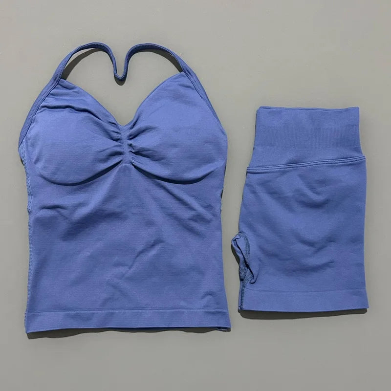 2 Pieces Sports Set Women Backless Halter Tops Fitness Tank Top High Waist Seamless High Stretch Shorts Gym Workout Sets