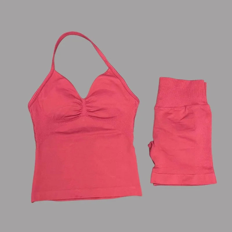 2 Pieces Sports Set Women Backless Halter Tops Fitness Tank Top High Waist Seamless High Stretch Shorts Gym Workout Sets