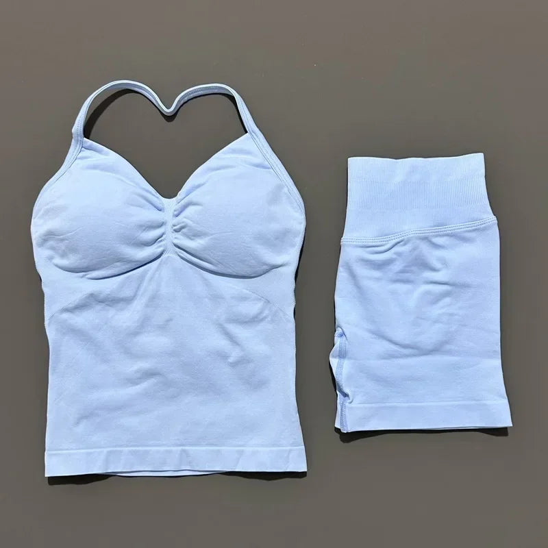 2 Pieces Sports Set Women Backless Halter Tops Fitness Tank Top High Waist Seamless High Stretch Shorts Gym Workout Sets