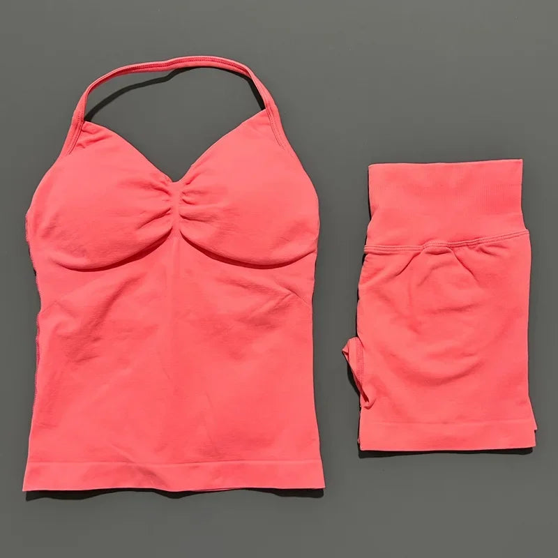 2 Pieces Sports Set Women Backless Halter Tops Fitness Tank Top High Waist Seamless High Stretch Shorts Gym Workout Sets
