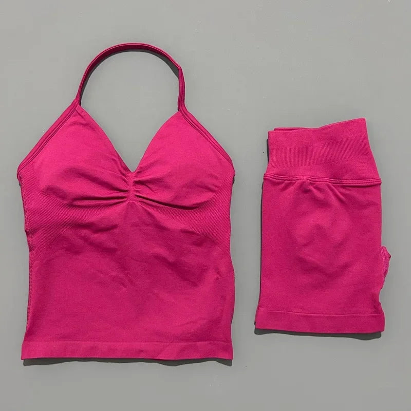 2 Pieces Sports Set Women Backless Halter Tops Fitness Tank Top High Waist Seamless High Stretch Shorts Gym Workout Sets
