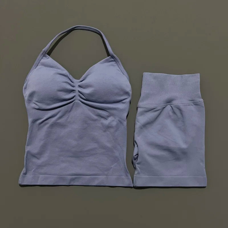 2 Pieces Sports Set Women Backless Halter Tops Fitness Tank Top High Waist Seamless High Stretch Shorts Gym Workout Sets
