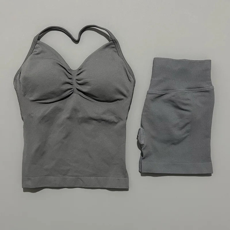 2 Pieces Sports Set Women Backless Halter Tops Fitness Tank Top High Waist Seamless High Stretch Shorts Gym Workout Sets