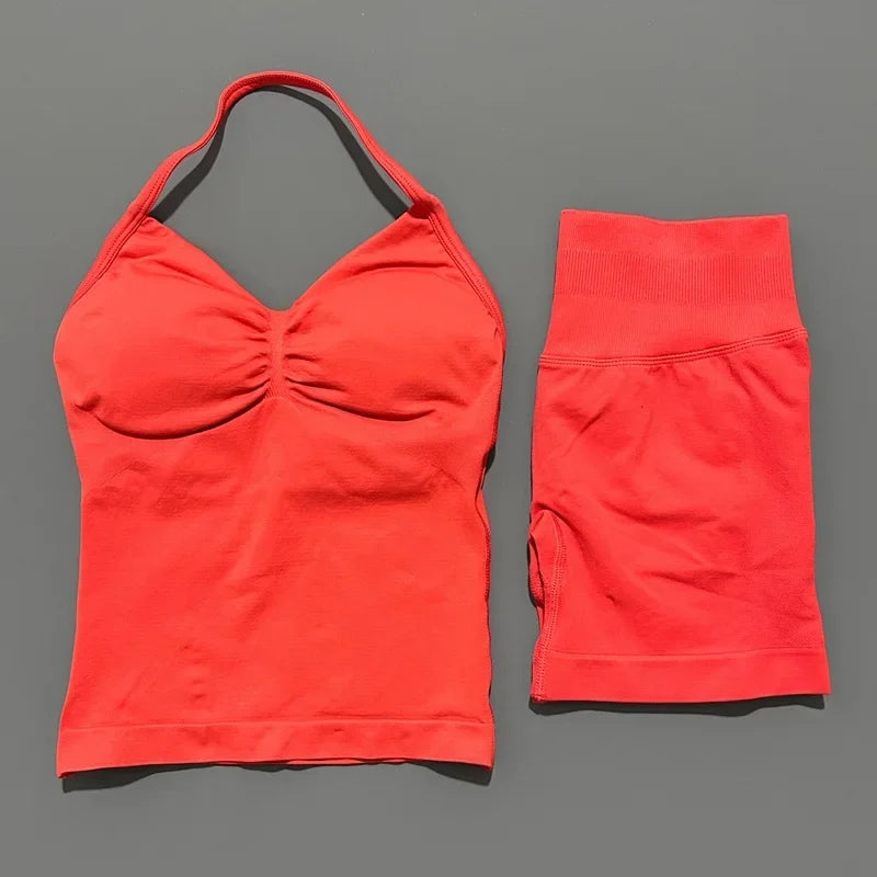 2 Pieces Sports Set Women Backless Halter Tops Fitness Tank Top High Waist Seamless High Stretch Shorts Gym Workout Sets