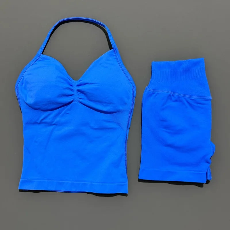 2 Pieces Sports Set Women Backless Halter Tops Fitness Tank Top High Waist Seamless High Stretch Shorts Gym Workout Sets