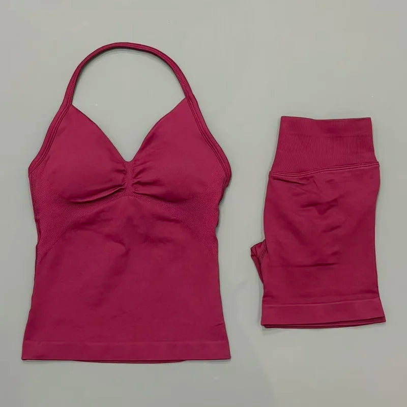 2 Pieces Sports Set Women Backless Halter Tops Fitness Tank Top High Waist Seamless High Stretch Shorts Gym Workout Sets